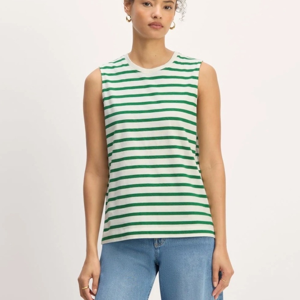 Everlane Womens S Organic Cotton Mariner‎ Tank Green White Striped Top